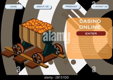 Modèle de site en ligne du Casino. Conception de l'affiche d'en-tête de développement d'applications et de logiciels. Illustration vectorielle d'un chariot d'extraction sur rails avec toke de casino Illustration de Vecteur