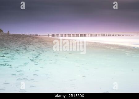 Affiche le long de la plage de la mer du Nord sous la lumière du soir, Pays-Bas, Zélande, Nieuw-Haamstede Banque D'Images