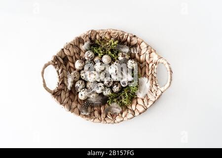 Œufs et plumes de Quail dans un panier près. Alimentation saine naturelle et agriculture biologique, concept de pâques et de printemps. Banque D'Images