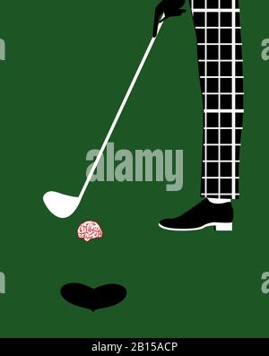 illustration d'un homme jouant au golf avec un cerveau et le trou étant le coeur, isoler don un fond vert Banque D'Images