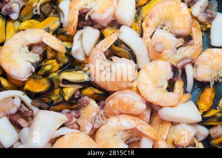 Mélange De Fruits De Mer. Calmars, crevettes, moules et poulpe. Banque D'Images