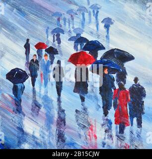 Peinture acrylique De Personnes marchant sous la pluie avec parasols Banque D'Images