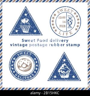 Lot de tampons en caoutchouc de livraison de nourriture à motif grunge texturé vintage aux symboles repas dans des couleurs bleu et marron classiques. Pour la conception de la carte postale, la publicité Illustration de Vecteur