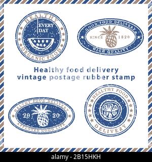 Lot de tampons en caoutchouc de livraison de nourriture à motif grunge texturé vintage aux symboles repas dans des couleurs bleu et marron classiques. Pour la conception de la carte postale, la publicité Illustration de Vecteur