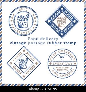 Lot de tampons en caoutchouc de livraison de nourriture à motif grunge texturé vintage aux symboles repas dans des couleurs bleu et marron classiques. Pour la conception de la carte postale, la publicité Illustration de Vecteur