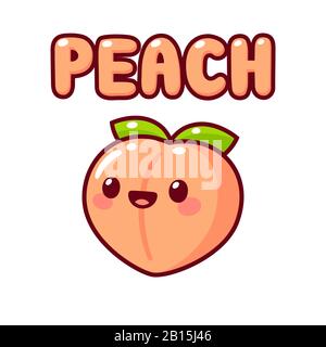 Jolie pêche à dessin animé avec visage kawaii et texte lettrage Peach. Dessin d'un dessin au dessin à la main simple, illustration d'un clip vectoriel isolé. Illustration de Vecteur