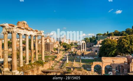 Vue panoramique sur le Forum romain de Rome, Italie. Forum romain est l'une des principales attractions touristiques d'Europe. Ruines pittoresques du Forum romain en somme Banque D'Images