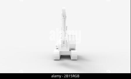 Rendu tridimensionnel d'un modèle informatique d'une pelle hydraulique isolée sur un fond gris Banque D'Images