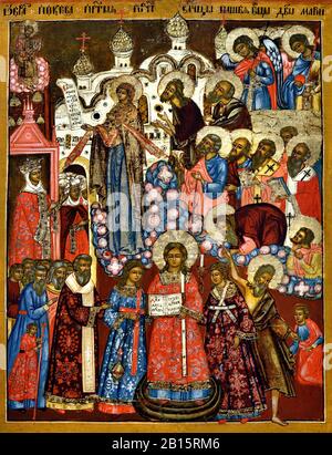 Icône intitulée L'Intercession de la Russie du Nord.au sujet de la vie de St Andrew le Fool qui a vécu aux IXe et 10ème siècles Andrew de Constantinople Russie, Russie, Fédération, Banque D'Images