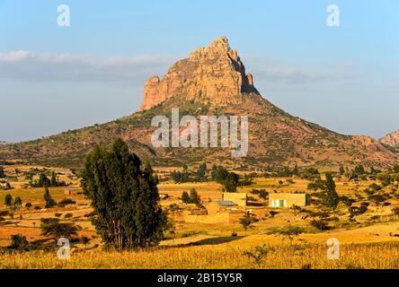 Paysage avec montagne érodée à plateau plat, Amba, dans les hautes-terres éthiopiennes, Tigray, Ethiopie Banque D'Images