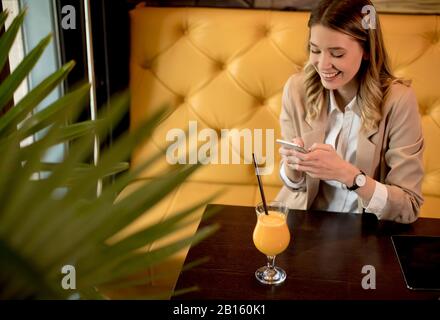 Charmante femme yung utilisant le téléphone mobile dans le café Banque D'Images