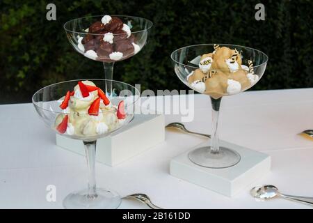 Trio de mousse au chocolat gourmande à la hauteur de l'été. Banque D'Images