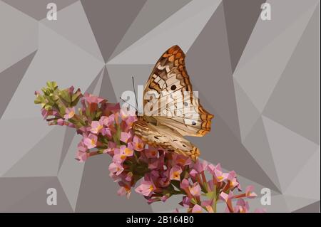 Faible poly illustration d'un papillon sur une tige de fleurs avec un fond Banque D'Images
