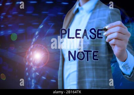 Écrit remarque montrant Veuillez prendre note. Concept d'affaires de façon formelle pour diriger montrant s est l'attention sur certaines informations Banque D'Images