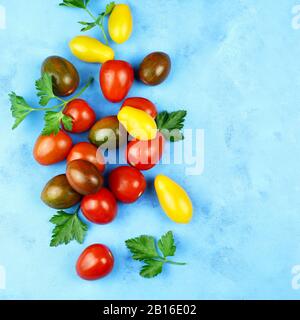 Mise en page créative composée de tomates fraîches et de basilic frais. Concept alimentaire. Légumes isolés sur fond bleu. Banque D'Images