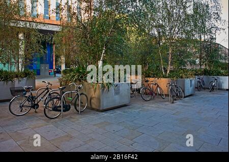 Londres, stationnement à vélo incorporé dans les semoirs à l'extérieur d'un bloc de bureaux près de la gare St Pancras Banque D'Images