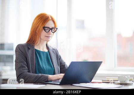 Portrait d'une femme boss à poil rouge utilisant un ordinateur portable tout en étant assise contre la fenêtre au bureau, espace de copie Banque D'Images