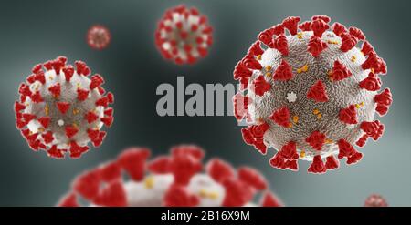 Vue microscopique du coronavirus. Cellules flottantes du virus de l'influenza. Dangereux virus de la ncov corona asiatique, concept de risque de pandémie du SRAS. rendu tridimensionnel Banque D'Images