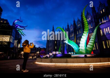 Créatures des profondeurs installation lumineuse et projections sur le Marischal College lors de Spectra, le festival des lumières d'Aberdeen, Aberdeen, Écosse, Royaume-Uni Banque D'Images