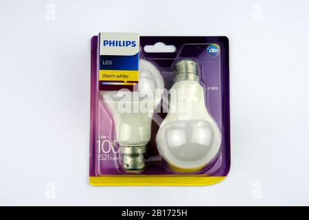 La paire D'Ampoules LED Philips B22 Frosted est isolée sur blanc. Banque D'Images