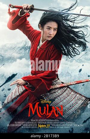 Mulan (2020) réalisé par Niki Caro et avec Yifei Liu, Donnie Yen, Jet Li et Li Gong. L'action en direct repart de l'animation de Disney de 1998 sur une femme chinoise qui se déguise en homme pour sauver son père. Banque D'Images