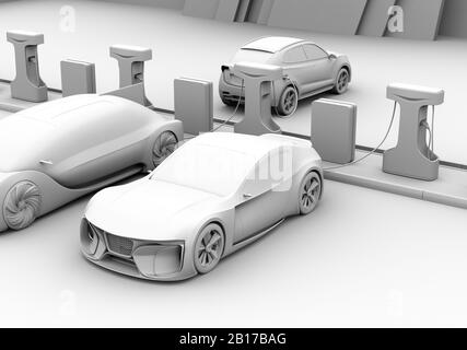 Rendu en argile de voitures électriques à la station de charge publique. Image de rendu 3D. Banque D'Images