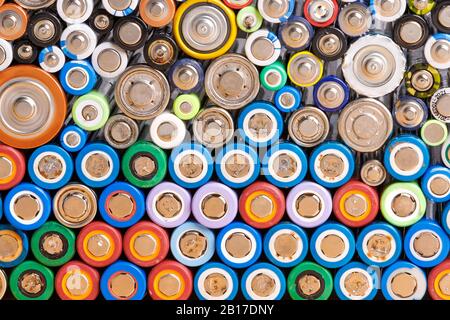 Gros plan sur les batteries déchargées colorées de différentes tailles et de différents formats. Batterie Rechargeable Nickel-Hydrure Métallique (Ni-Mh), Nickel-Cadmium (Ni-Cd) Banque D'Images