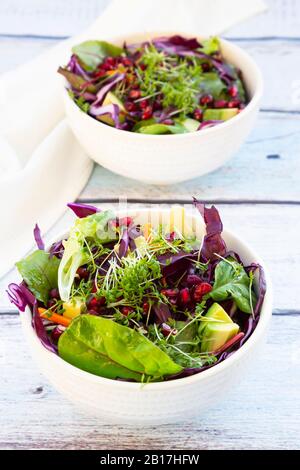 Deux bols de salade avec chou rouge, carottes, feuilles de laitue, avocat, graines de grenade et cresson Banque D'Images