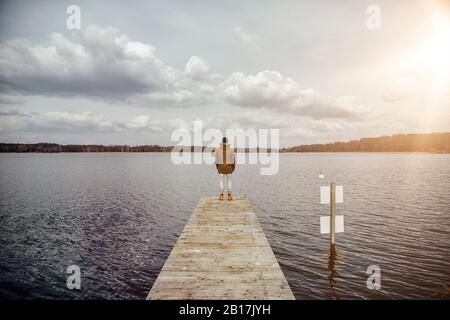 Vue arrière du jeune homme debout sur une jetée en regardant le lac Banque D'Images