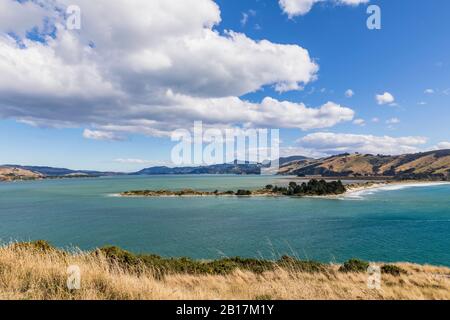 Nouvelle-Zélande, Dunedin, vue panoramique des nuages sur la pointe de Taiaroa Head Banque D'Images