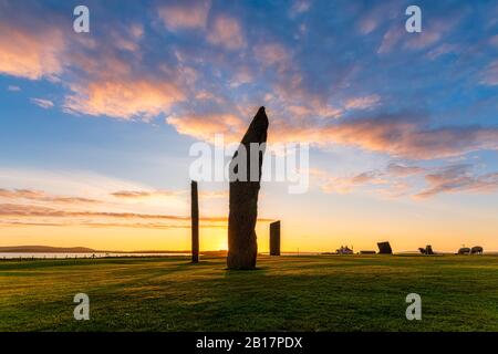 Ecosse, Orkney Islands, Mainland, Stones Permanentes De Stennes, Coucher De Soleil Banque D'Images