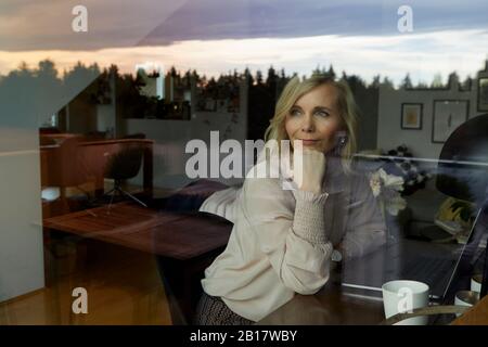 Portrait d'une femme blonde avec un ordinateur portable derrière le pare-brise à la maison Banque D'Images