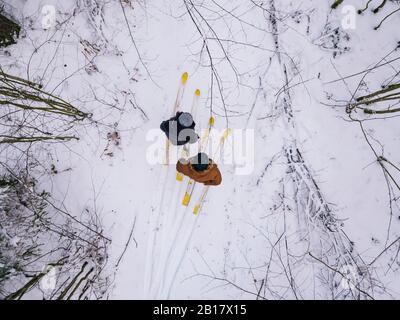 Vue aérienne d'un couple avec skis dans la forêt, région de Leningrad, Russie Banque D'Images