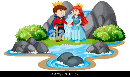 Scène avec prince et princesse par l'illustration de la chute d'eau Illustration de Vecteur