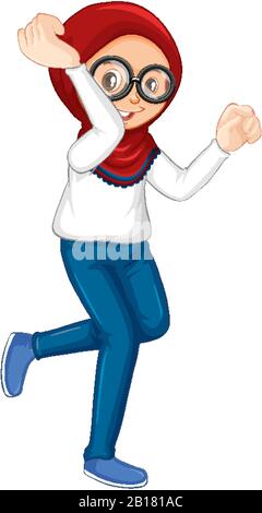 Fille musulmane dans un bleu-Jean dansant sur fond blanc illustration Illustration de Vecteur
