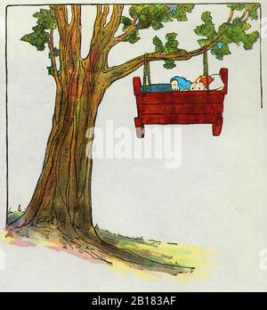 Hush-a-bye, bébé, sur le sommet de l'arbre! Lorsque le vent souffle le berceau se rock, La Vraie pépinière d'oie mère Rhyme Illustration par Blanche Fisher Wright Banque D'Images