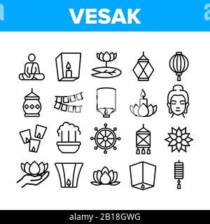 Vesak Day Bouddhisme Collection Icons Définir Le Vecteur Illustration de Vecteur
