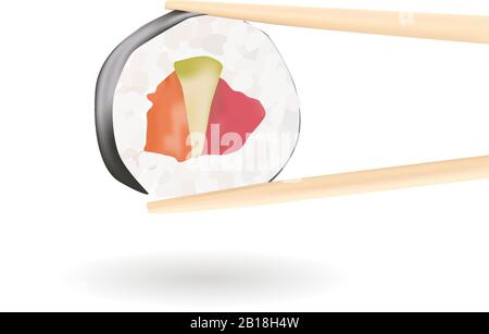 Sushi. Baguettes en bois tenant un rouleau Illustration de Vecteur