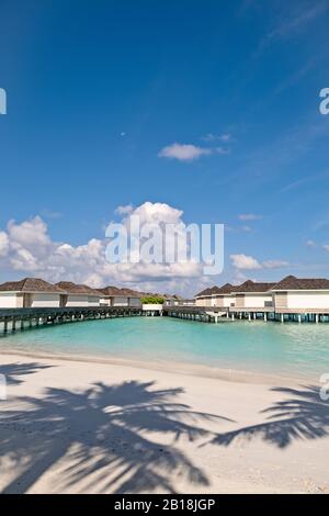 Villas d'eau de mer et jetée en bois avec le ciel bleu vif et l'eau de mer cristalline des Maldives, composition verticale Banque D'Images