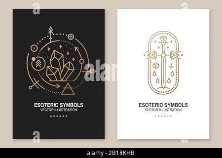 Symboles ésotériques dorés. Illustration vectorielle. Écusson géométrique à fines lignes. Icône de contour pour l'alchimie ou la géométrie sacrée. Design mystique et magique avec cristaux, soleil, étoile, ancienne épée et lune Illustration de Vecteur