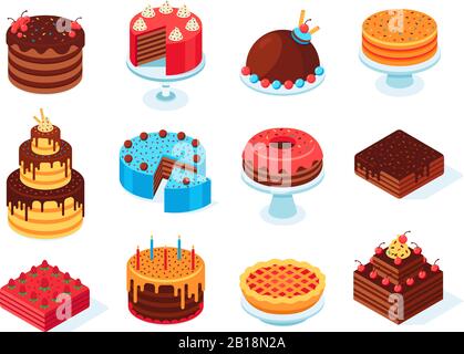 Gâteaux isométriques. Tranche de gâteau au chocolat, délicieuse tarte aux anniversaires en tranches et délicieux set vectoriel en relief isolé avec gâteau au glaçage rose Illustration de Vecteur