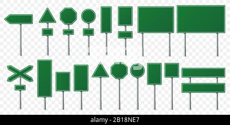 Panneau vert de signalisation routière. Panneaux de signalisation sur support métallique, borne de pointeur vide et ensemble de vecteurs isolés de panneau de signalisation Illustration de Vecteur
