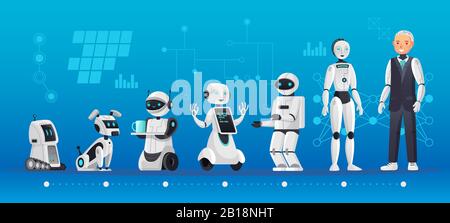 Générations de robots. Évolution de l'ingénierie robotique, technologie des robots ai et génération d'ordinateurs humanoïdes illustration vectorielle de dessin animé Illustration de Vecteur