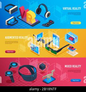 Réalité augmentée. Illustration vectorielle des bannières de communication sans fil de casque isométrique en réalité virtuelle Illustration de Vecteur