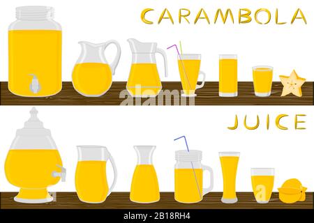 Illustration sur le thème grand kit différents types de verrerie, carambola jgs de différentes tailles. Verrerie composée de cruches en plastique organique pour le carambola liquide Illustration de Vecteur