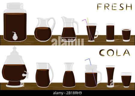 Illustration sur thème grand kit différents types de verrerie, cola dans des tasses de différentes tailles. Articles de verrerie composés de cruches en matières plastiques organiques pour le cola liquide. Cruches Illustration de Vecteur