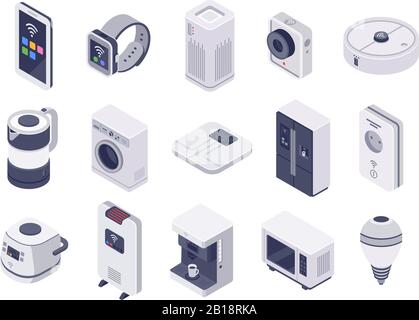 Internet isométrique des objets appareils. Montre intelligente, appareils électroménagers et kit d'illustrations vectorielles   micro-ondes sans fil contrôlées Illustration de Vecteur