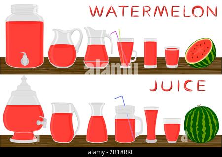 Grand kit différents types de verrerie, pastèque dans des tasses de différentes tailles. Articles de verrerie composés de cruches en matières plastiques organiques pour pastèques liquides. Des joues de couleurs vives Illustration de Vecteur