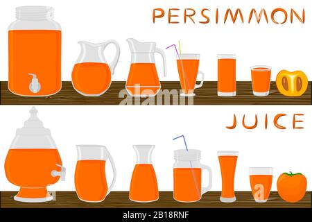 Illustration sur le thème grand kit différents types de verrerie, les joues de persimmon de différentes tailles. Articles de verrerie composés de cruches en matières plastiques organiques pour le persimmon liquide Illustration de Vecteur