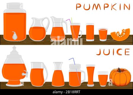 Illustration sur thème grand kit différents types de verrerie, citrouille des tasses de différentes tailles. Articles de verrerie composés de cruches en matières plastiques organiques pour citrouille liquide. Ju Illustration de Vecteur